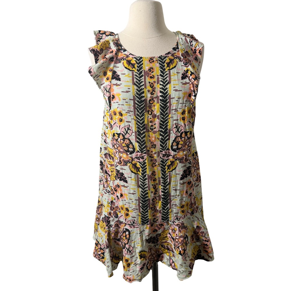 Free People Floral Linen Blend Ruffle Tunic Top Mini Dress Mint OB948223 Small